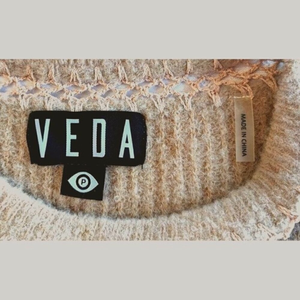 Revolve VEDA Tan Alpaca Wool Fishnet Crochet Crew Sweater Sustainable Size SP - Picture 3 of 7